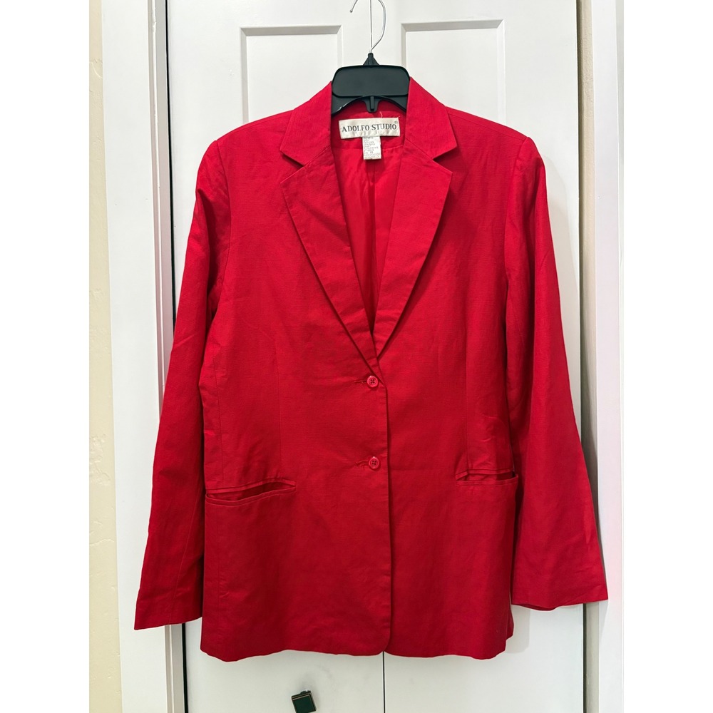 Adolfo Studio Womens Vintage Red Linen Blend Two Button Blazer Jacket Size 10